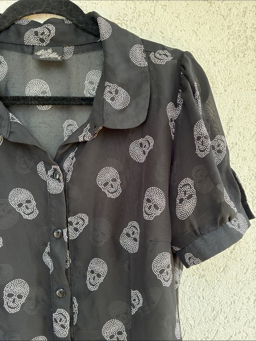 Rock Steady Skull Print Black Sheer Button-Up Blouse short sleeve round collar